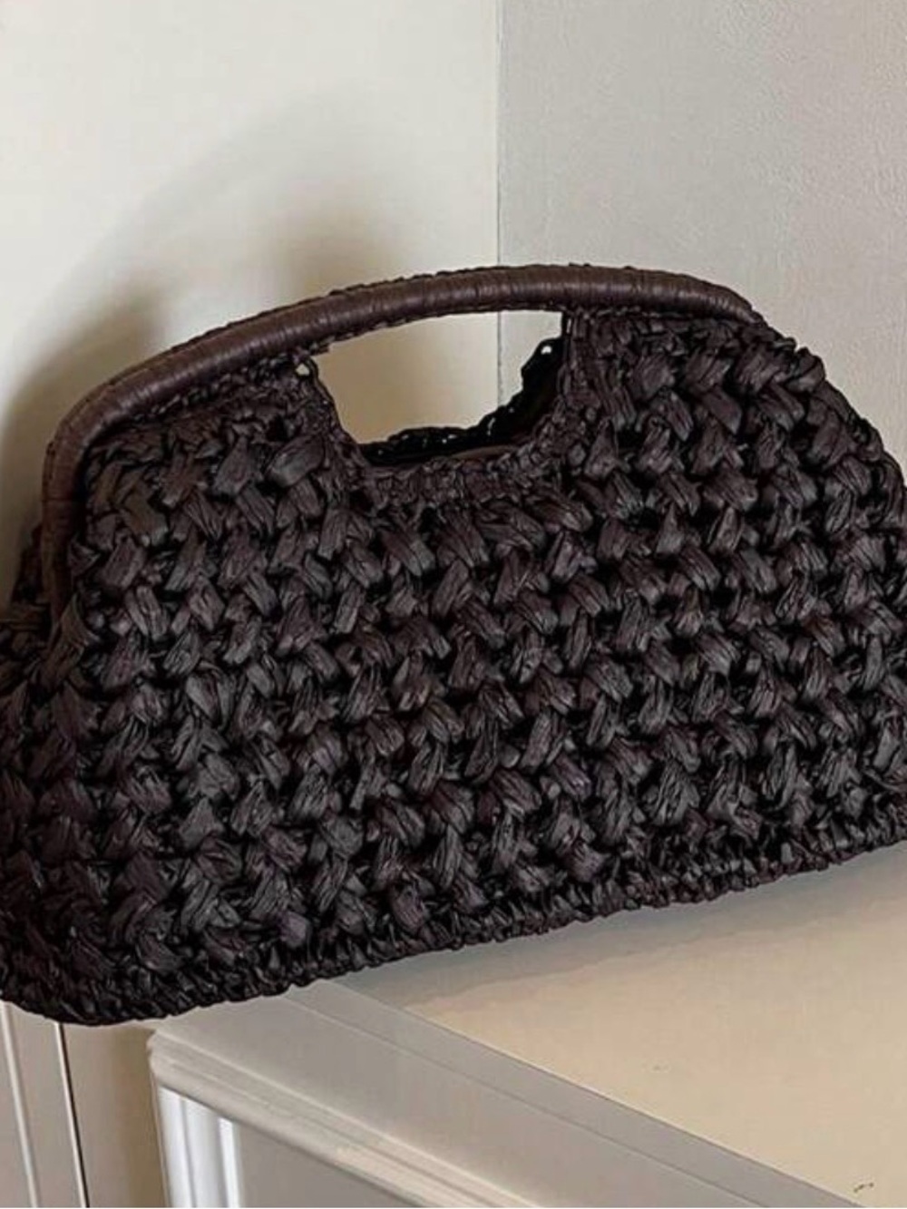 NWT Vegan leather womens bag purse clutch Woven Handheld Tote Bag in Dark Brown - Picture 2 of 3